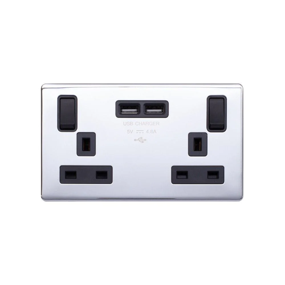 Screwless Raised - Polished Chrome 13A 2 Gang Switched DP Socket 2 x USB Outlet (4.8A) - Black Trim