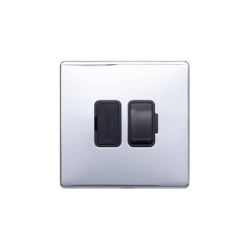 Screwless Raised - Polished Chrome 13A Switched Fuse Connection Unit - Black Trim