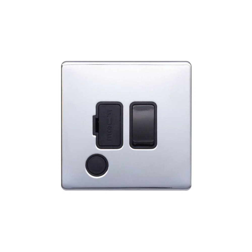 Screwless Raised - Polished Chrome 13A Switched Fuse Connection Unit Flex Outlet - Black Trim