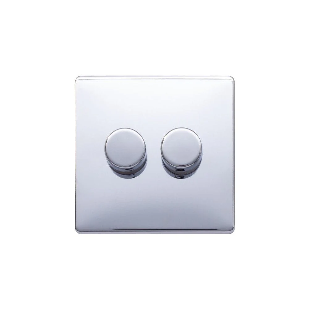 Screwless Raised - Polished Chrome 100W LED 2 Gang 2 Way Intelligent Trailing Dimmer Switch - Black Trim