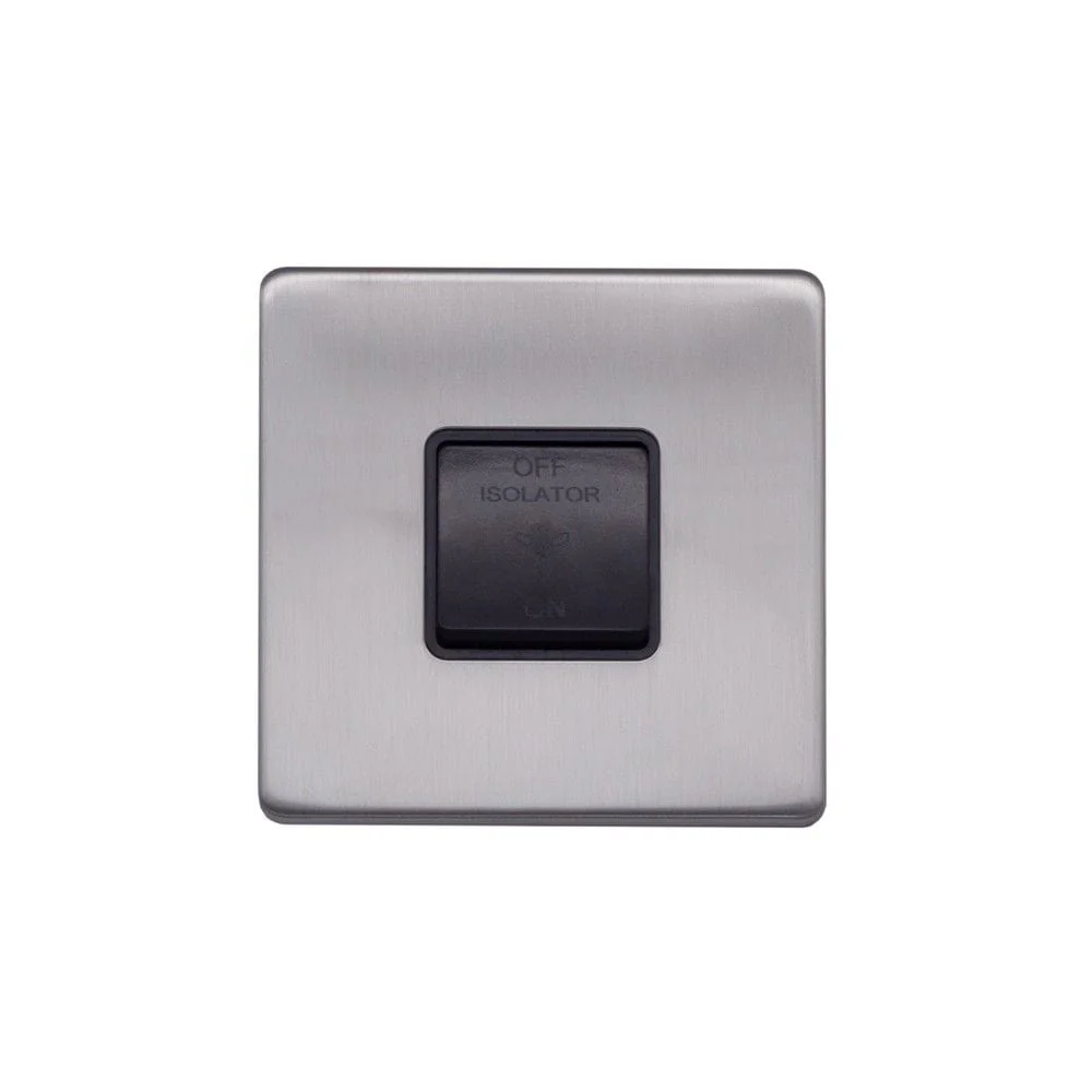 Screwless Raised - Brushed Chrome 10A 1 Gang 1 Way 3-Pole Fan Isolator Switch - Black Trim