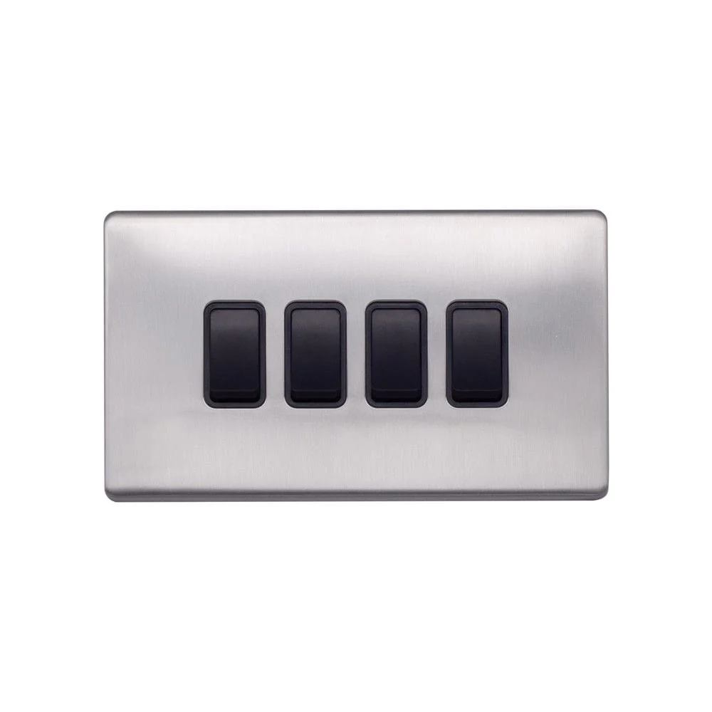 Screwless Raised - Brushed Chrome 10A 4 Gang 2 Way Light Switch - Black Trim