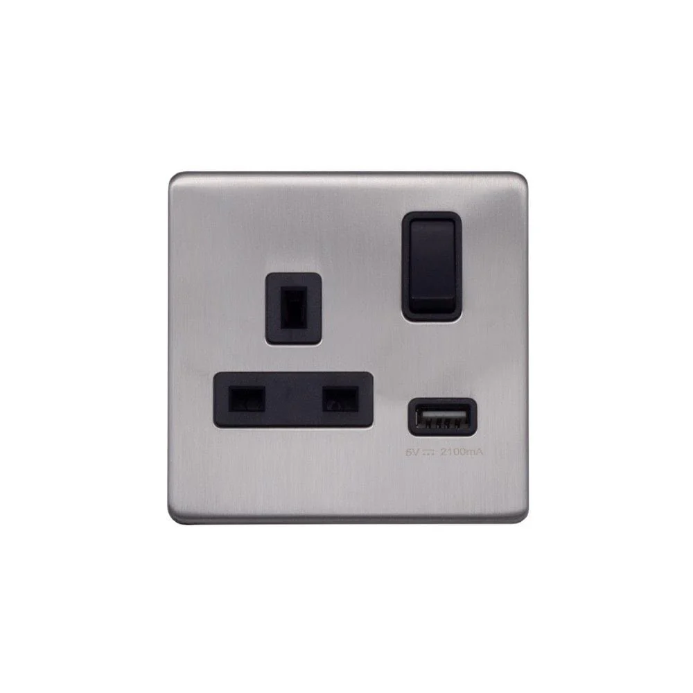 Screwless Raised - Brushed Chrome 13A 1 Gang Switched Plug Socket (3.1A) USB Outlet - Black Trim