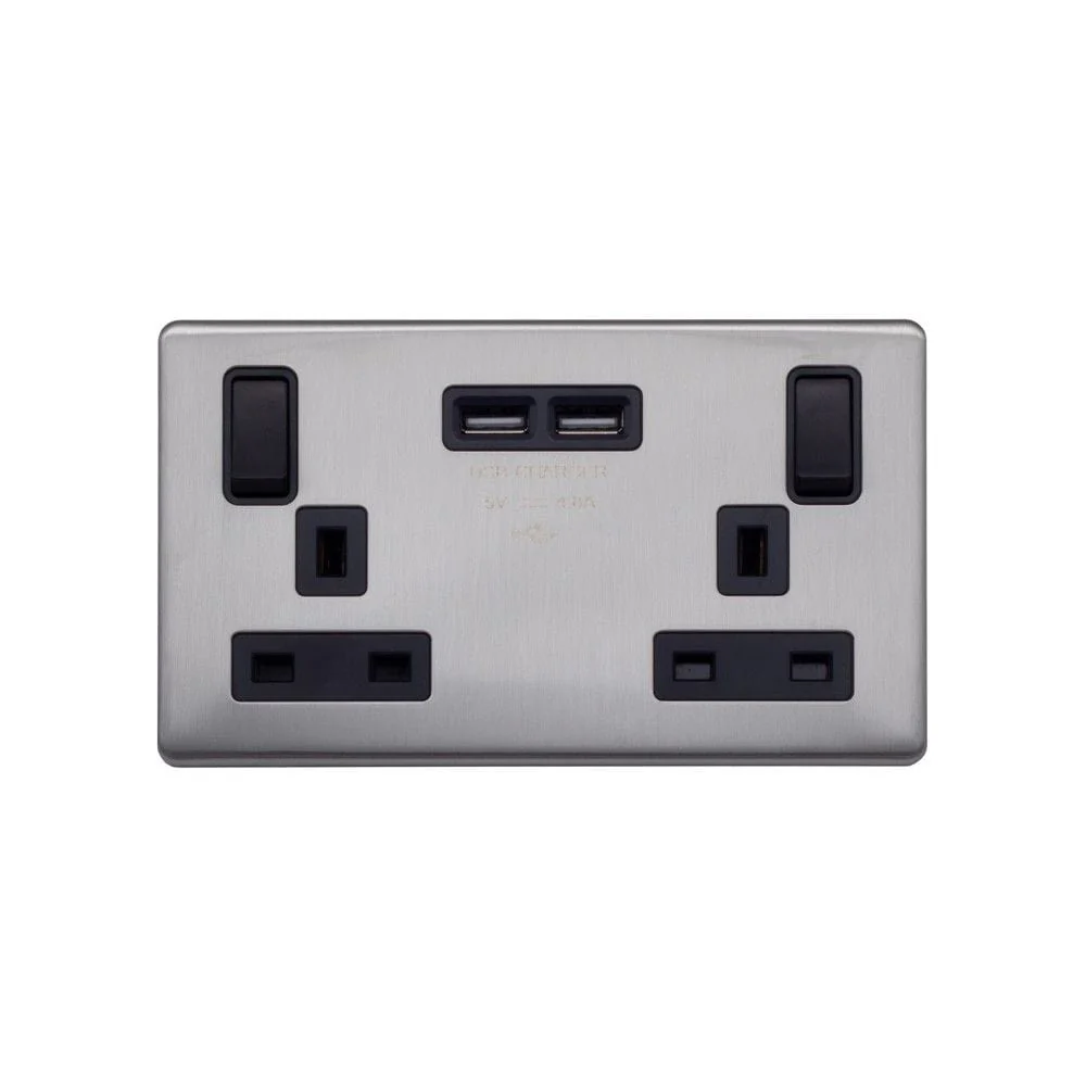 Screwless Raised - Brushed Chrome 13A 2 Gang Switched DP Socket 2 x USB Outlet (4.8A) - Black Trim