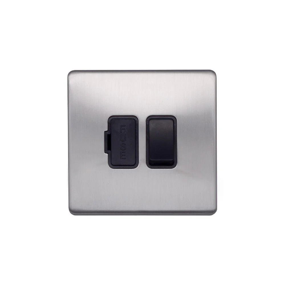 Screwless Raised - Brushed Chrome 13A Switched Fuse Connection Unit - Black Trim
