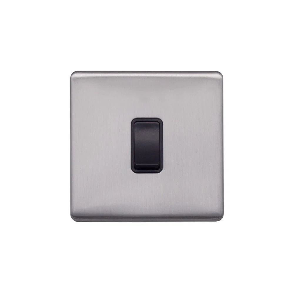 Screwless Raised - Brushed Chrome 20A 1 Gang Double Pole Switch - Black Trim