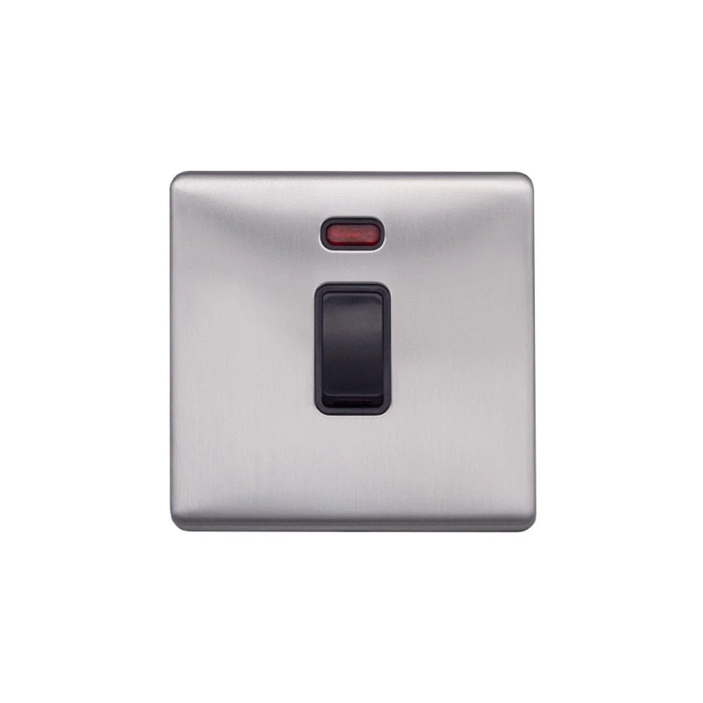 Screwless Raised - Brushed Chrome 20A 1 Gang Double Pole Switch & Neon-Black Trim - Black Trim