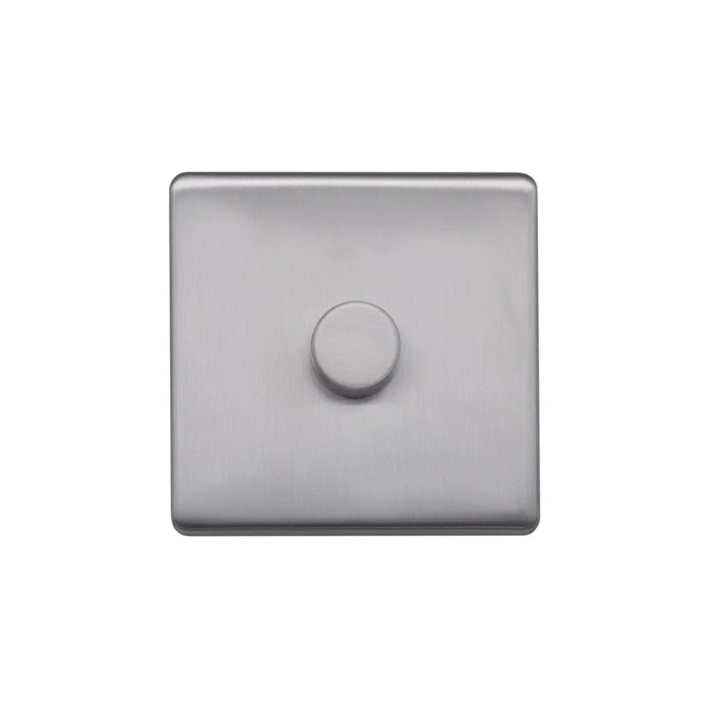Screwless Raised - Brushed Chrome 100W LED 1 Gang 2 Way Intelligent Trailing Dimmer Switch - Black Trim