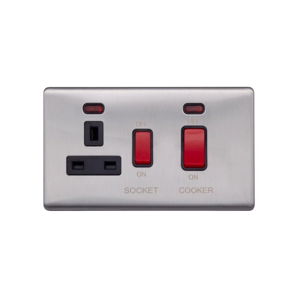 Screwless Raised - Brushed Chrome 45A Cooker Control Unit & Neon-Black Trim - Black Trim