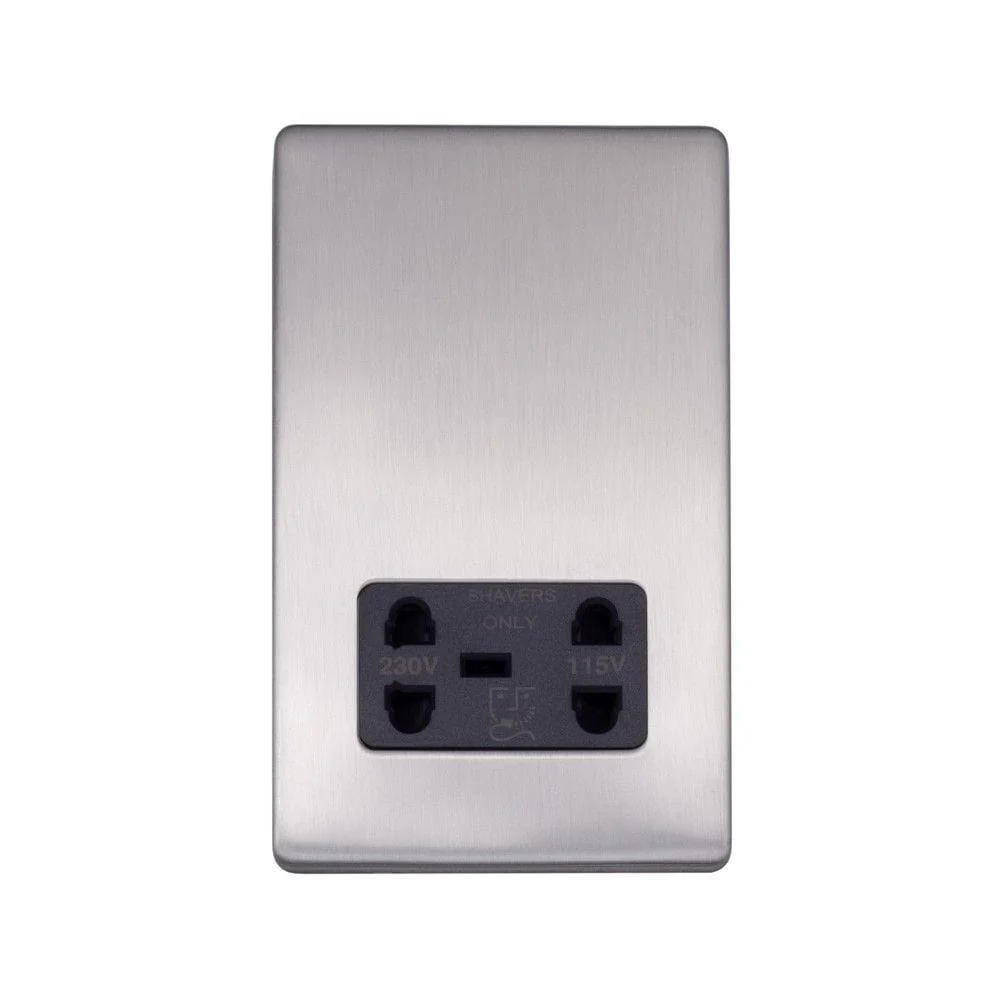 Screwless Raised - Brushed Chrome Shaver Socket 230/115V Plate - Black Trim