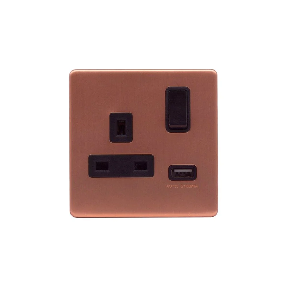 Screwless Raised - Brushed Copper 13A 1 Gang Switched Plug Socket (3.1A) USB Outlet - Black Trim