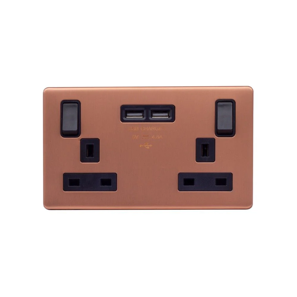 Screwless Raised - Brushed Copper 13A 2 Gang Switched DP Socket 2 x USB Outlet (4.8A) - Black Trim