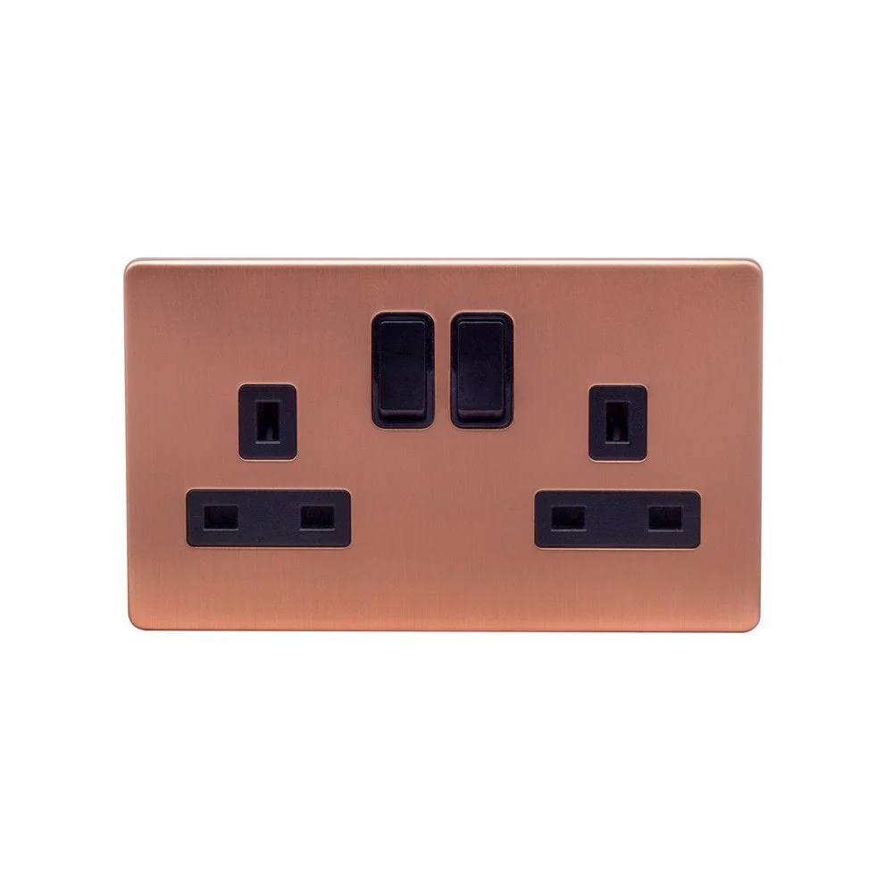 Screwless Raised - Brushed Copper 13A 2 Gang Switched Plug Socket, Double Pole - Black Trim