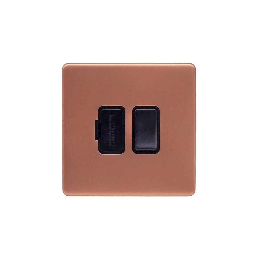 Screwless Raised - Brushed Copper 13A Switched Fuse Connection Unit - Black Trim