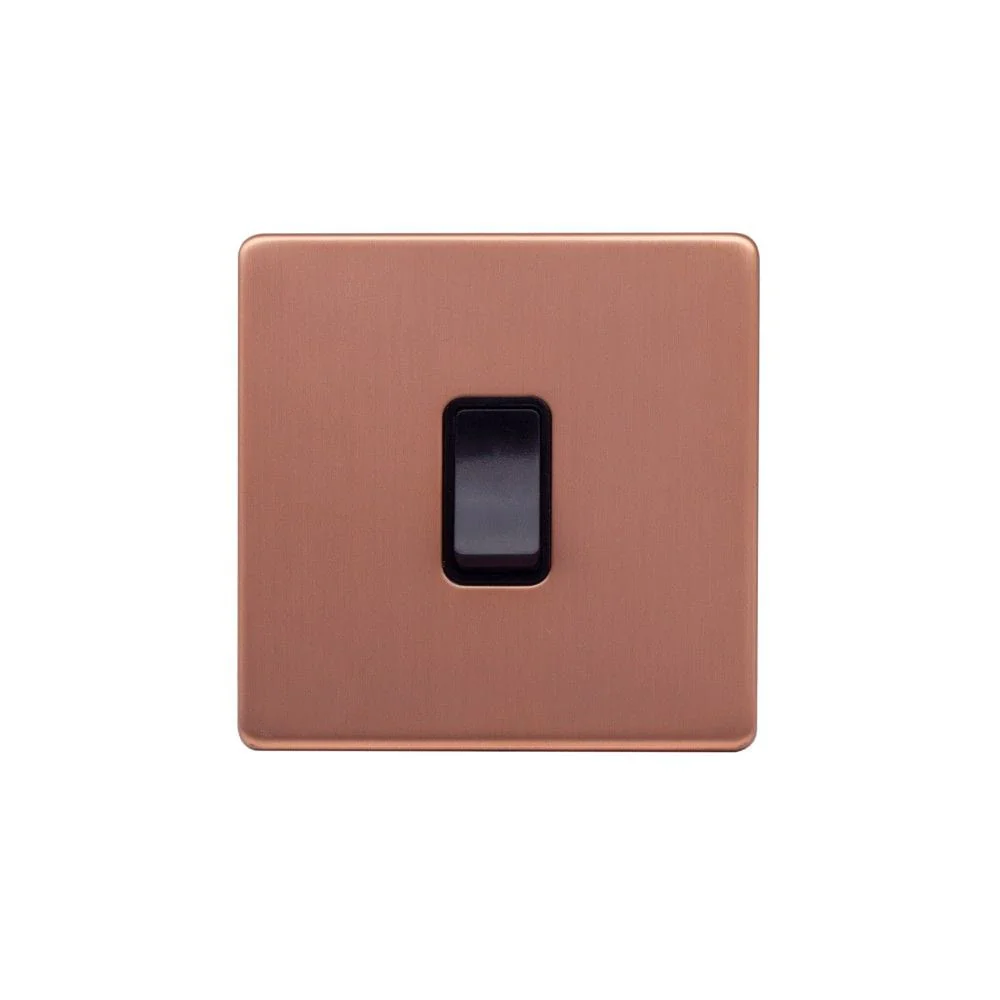 Screwless Raised - Brushed Copper 20A 1 Gang Double Pole Switch - Black Trim