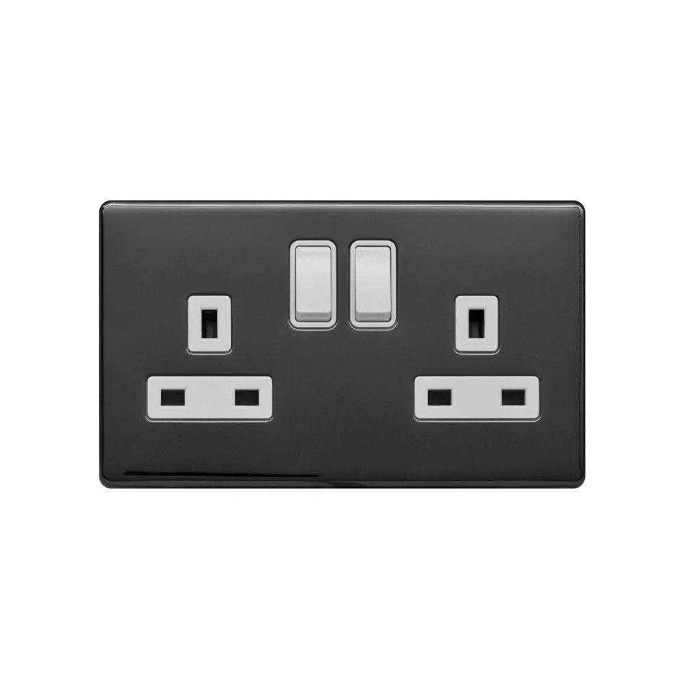 Screwless Raised - Black Nickel 13A 2 Gang Switched Plug Socket, Double Pole - White Trim