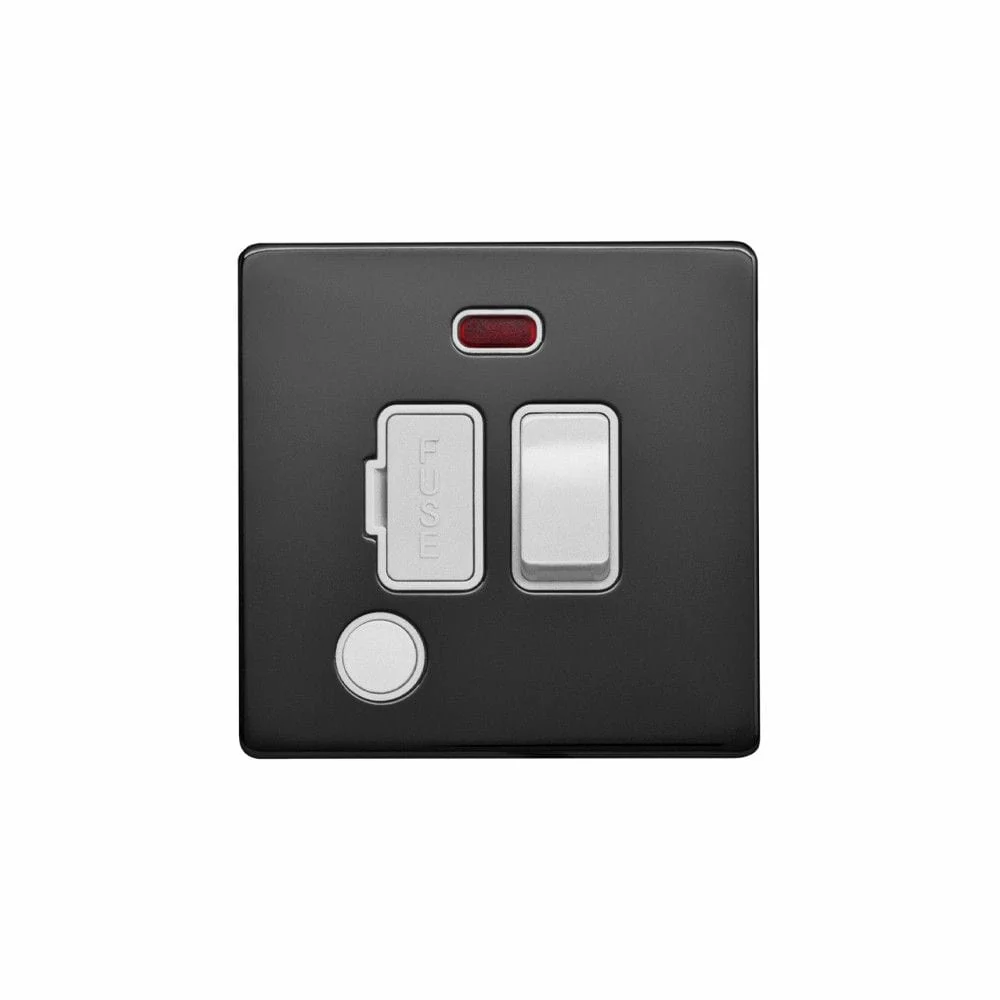 Screwless Raised - Black Nickel 13A Switched Fuse Connection Unit & Flex Outlet/Neon- White Trim