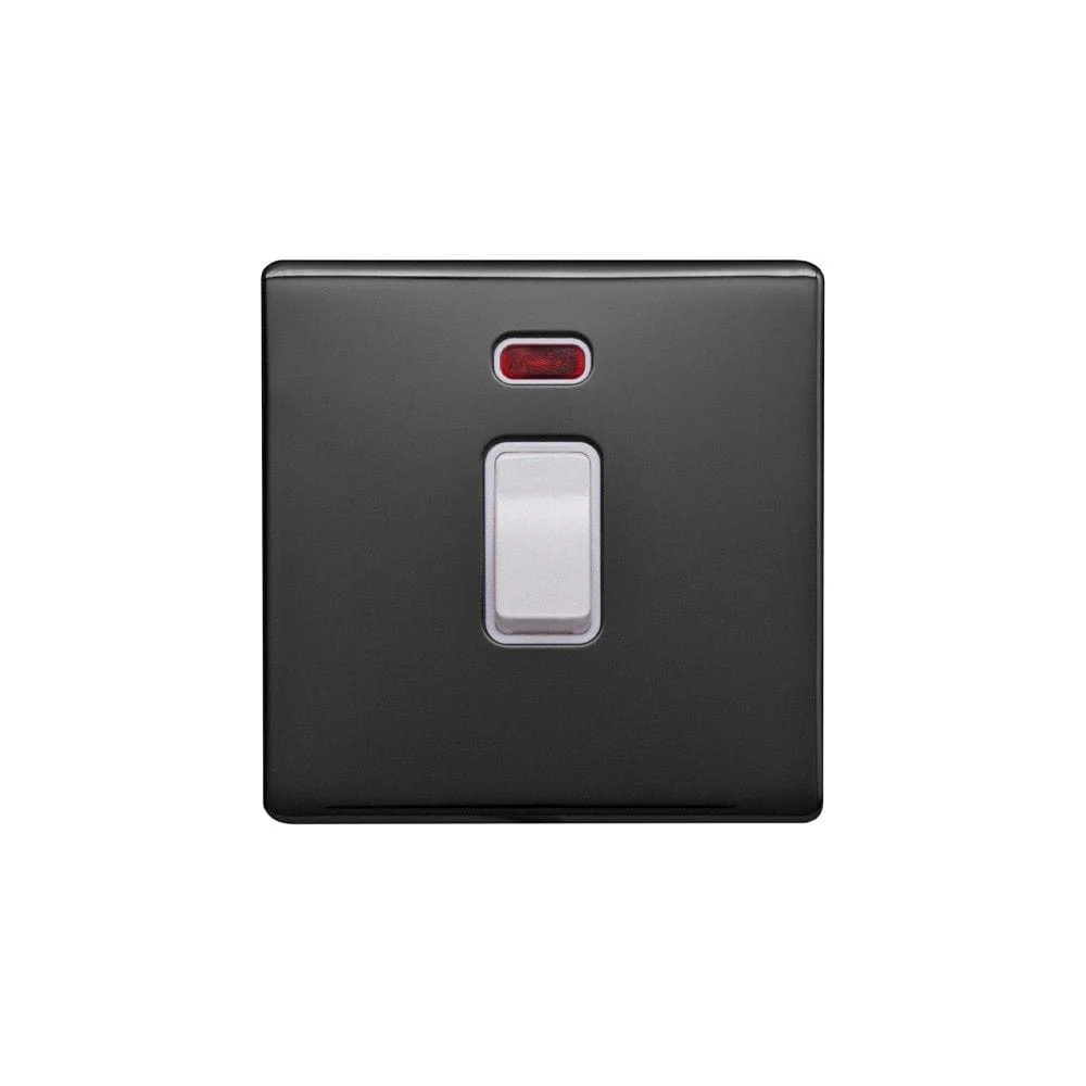 Screwless Raised - Black Nickel 20A 1 Gang Double Pole Switch & Neon-White Trim - White Trim