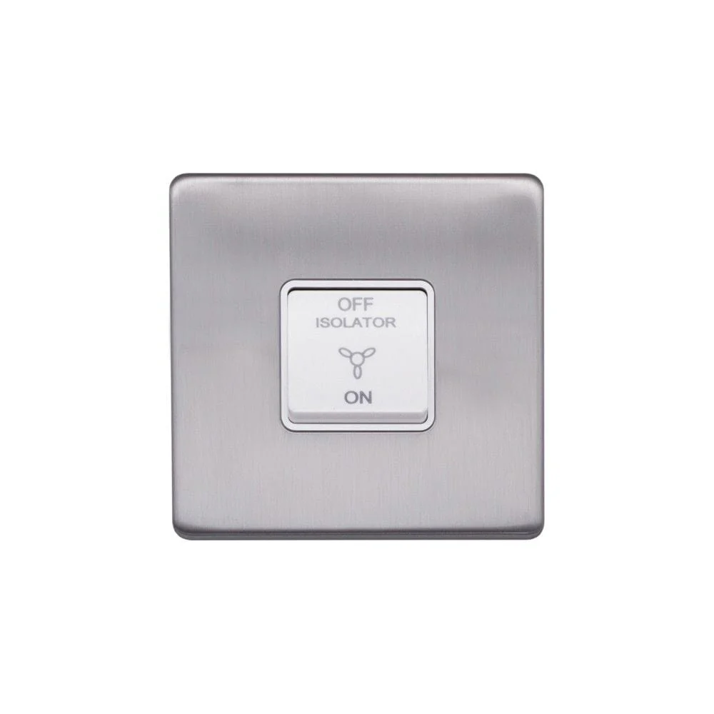 Screwless Raised - Brushed Chrome 10A 1 Gang 1 Way 3-Pole Fan Isolator Switch - White Trim
