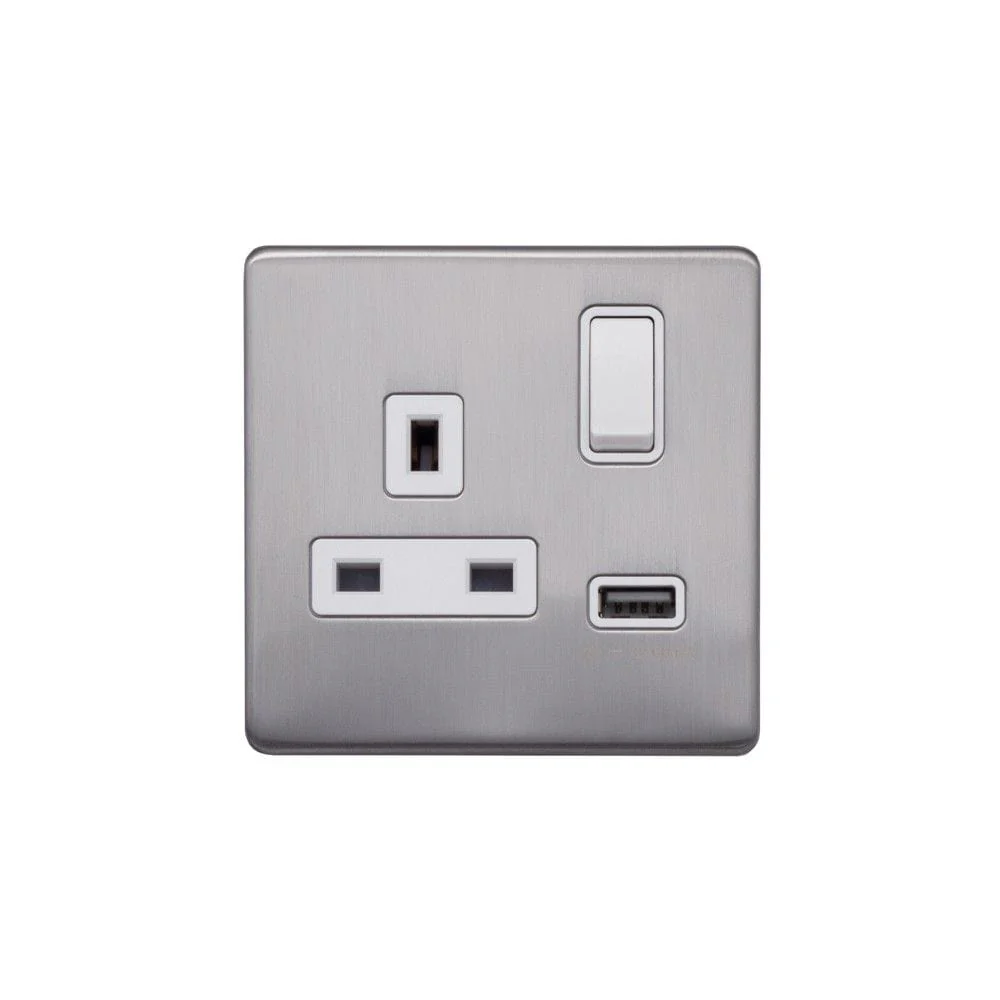 Screwless Raised - Brushed Chrome 13A 1 Gang Switched Plug Socket (3.1A) USB Outlet - White Trim