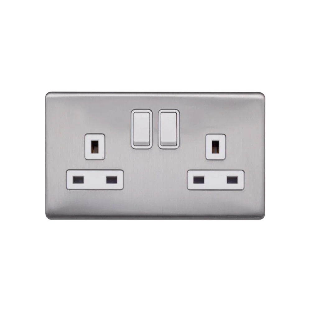 Screwless Raised - Brushed Chrome 13A 2 Gang Switched Plug Socket, Double Pole - White Trim