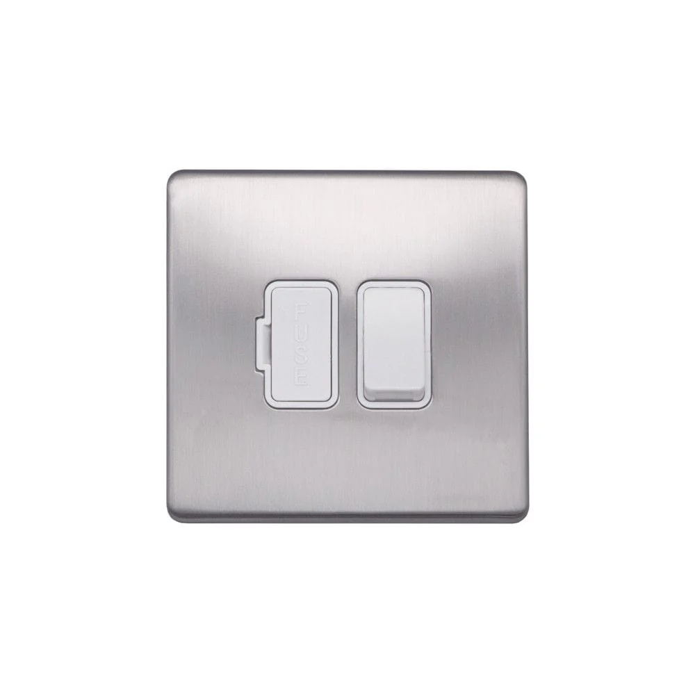 Screwless Raised - Brushed Chrome 13A Switched Fuse Connection Unit - White Trim