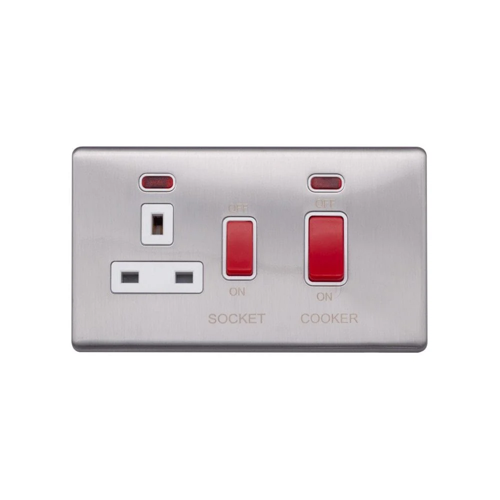 Screwless Raised - Brushed Chrome 45A Cooker Control Unit & Neon- White Trim