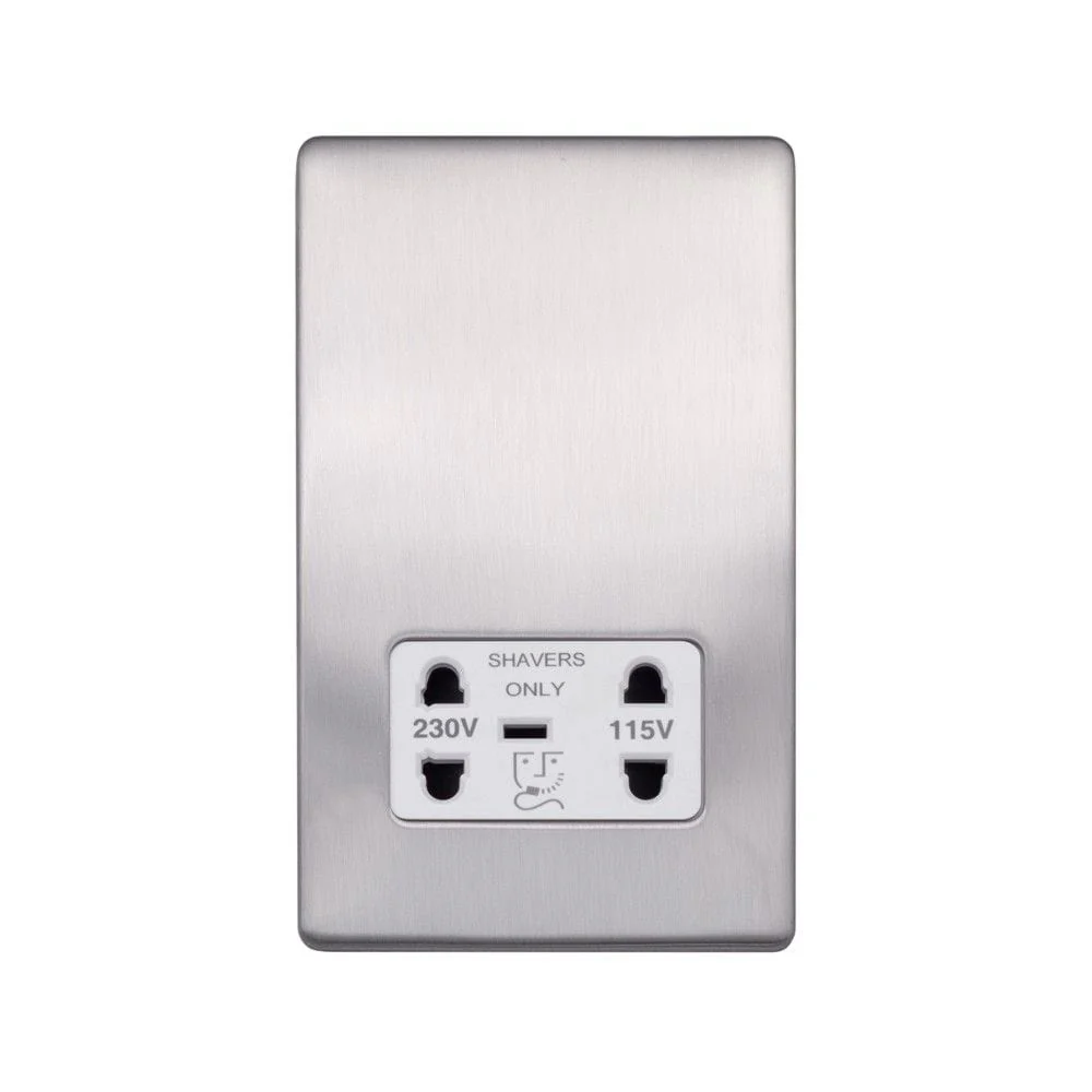 Screwless Raised - Brushed Chrome Shaver Socket 230/115V Plate - White Trim