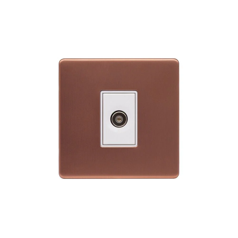 Screwless Raised - Brushed Copper 1 Gang TV Socket - White Trim