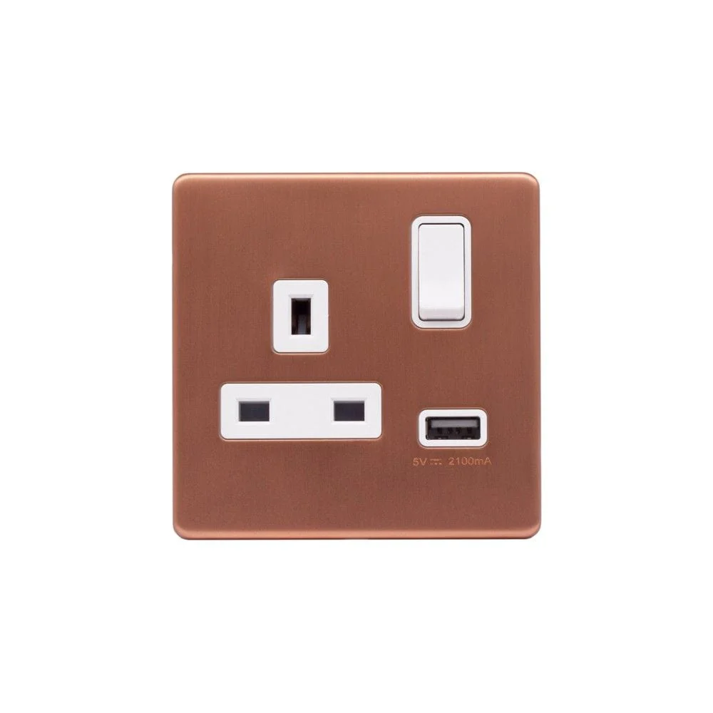 Screwless Raised - Brushed Copper 13A 1 Gang Switched Plug Socket (3.1A) USB Outlet - White Trim