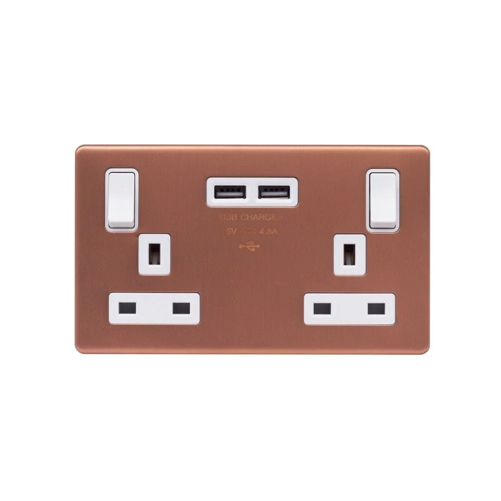Screwless Raised - Brushed Copper 13A 2 Gang Switched DP Socket 2 x USB Outlet (4.8A) - White Trim