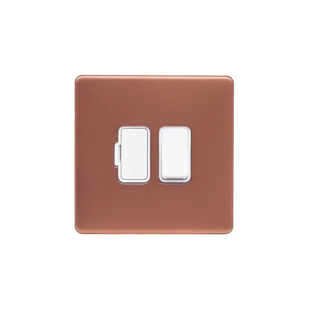 Screwless Raised - Brushed Copper 13A Switched Fuse Connection Unit - White Trim