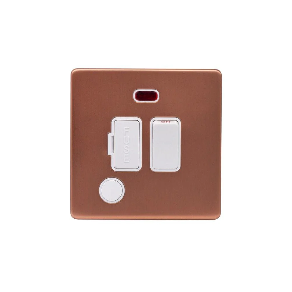 Screwless Raised - Brushed Copper 13A Switched Fuse Connection Unit & Flex Outlet/Neon- White Trim