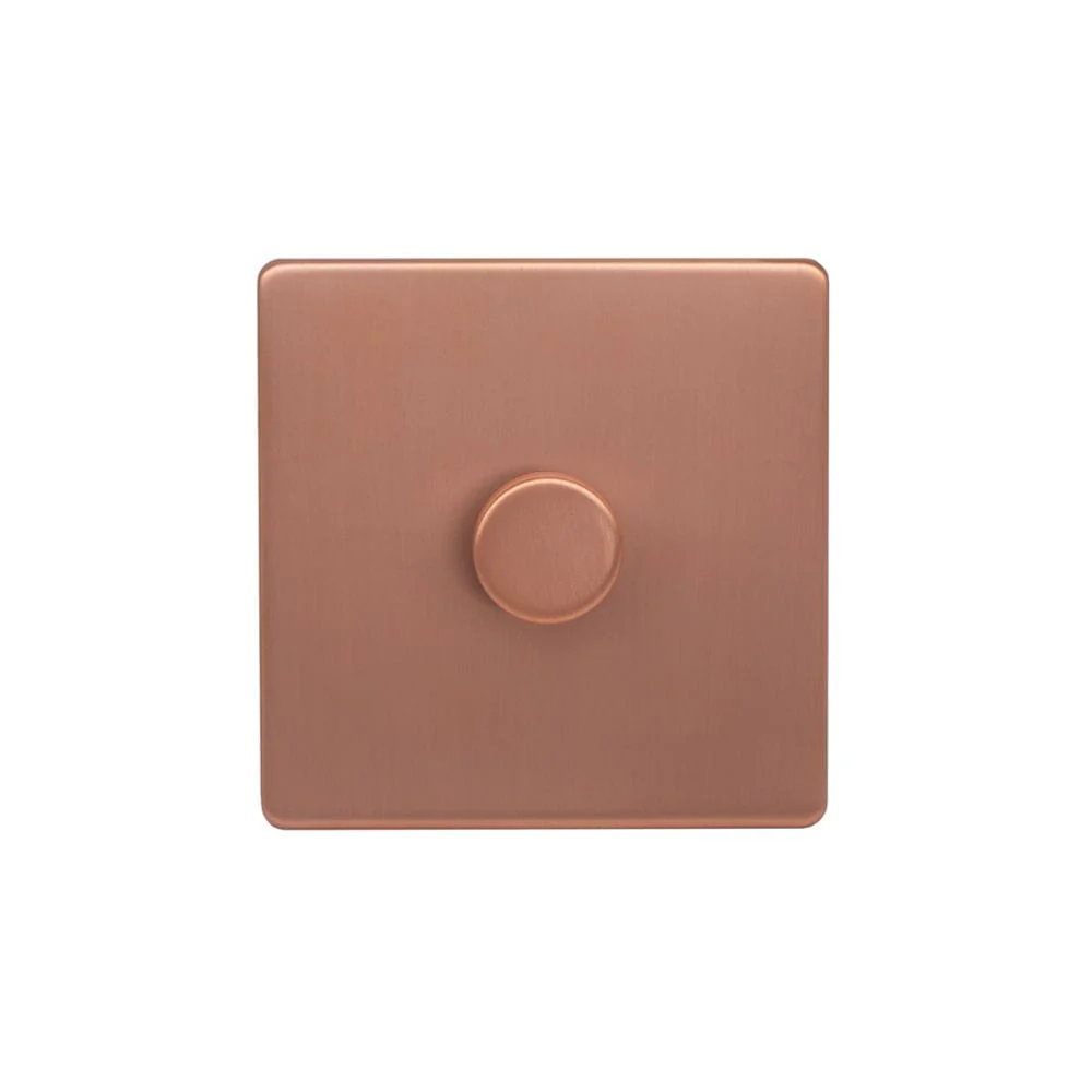 Screwless Raised - Brushed Copper 100W LED 1 Gang 2 Way Intelligent Trailing Dimmer Switch - White Trim