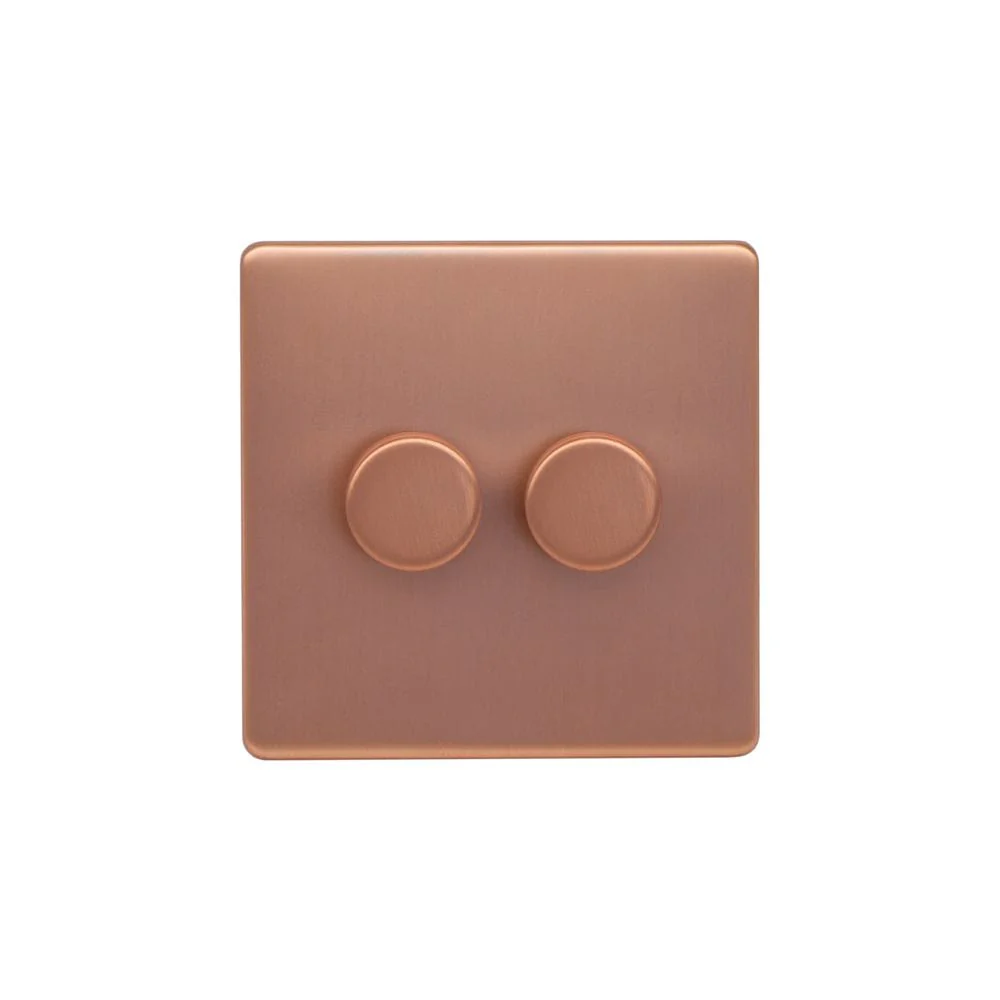 Screwless Raised - Brushed Copper 100W LED 2 Gang 2 Way Intelligent Trailing Dimmer Switch - White Trim