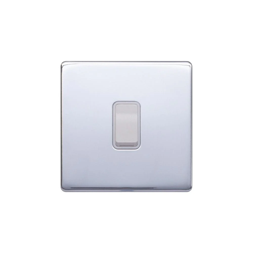 Screwless Raised - Polished Chrome 1 Gang Intermediate Light Switch - White Trim