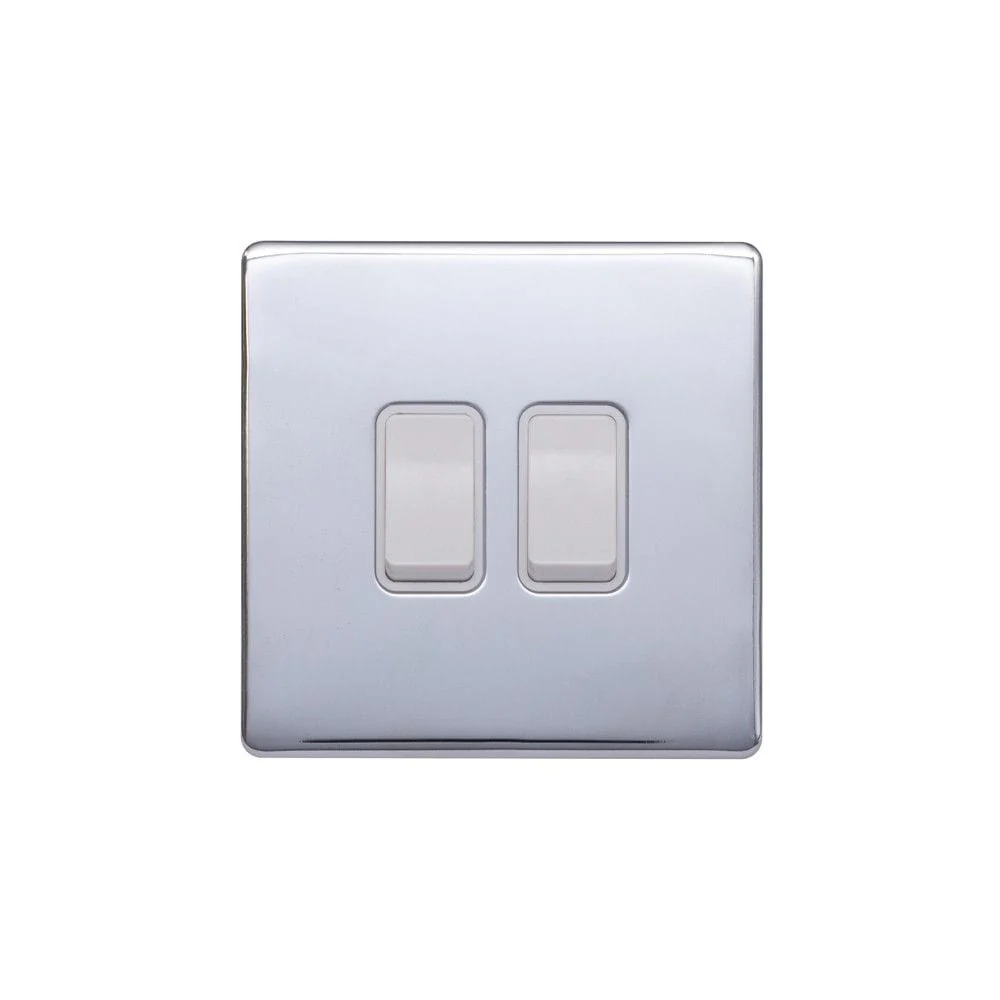Screwless Raised - Polished Chrome 10A 2 Gang 2 Way Light Switch - White Trim