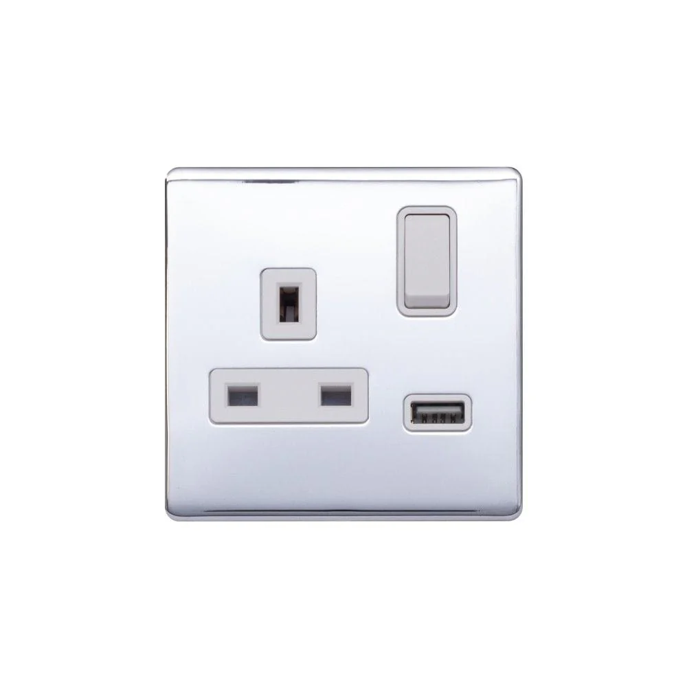 Screwless Raised - Polished Chrome 13A 1 Gang Switched Plug Socket (3.1A) USB Outlet - White Trim