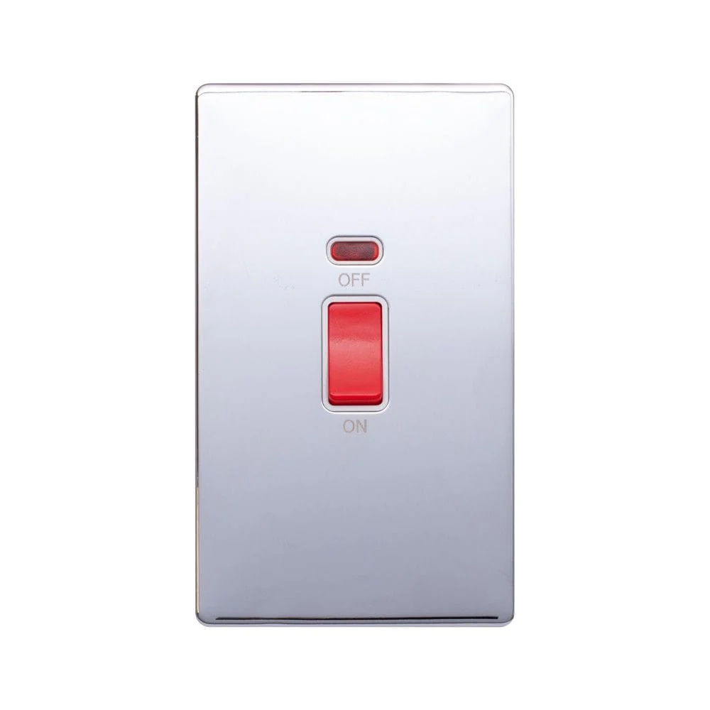 Screwless Raised - Polished Chrome 45A 1 Gang Double Pole Switch & Neon, Large Plate - White Trim
