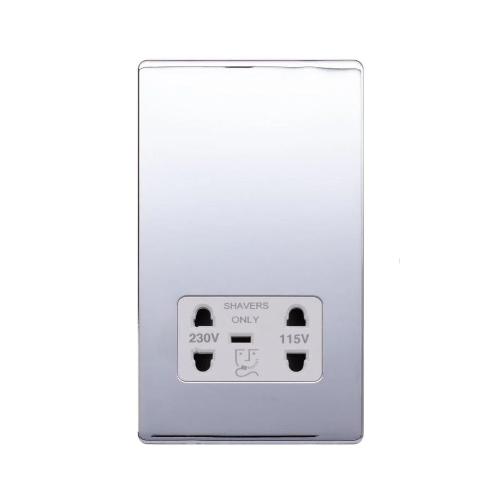 Screwless Raised - Polished Chrome Shaver Socket 230/115V Plate - White Trim