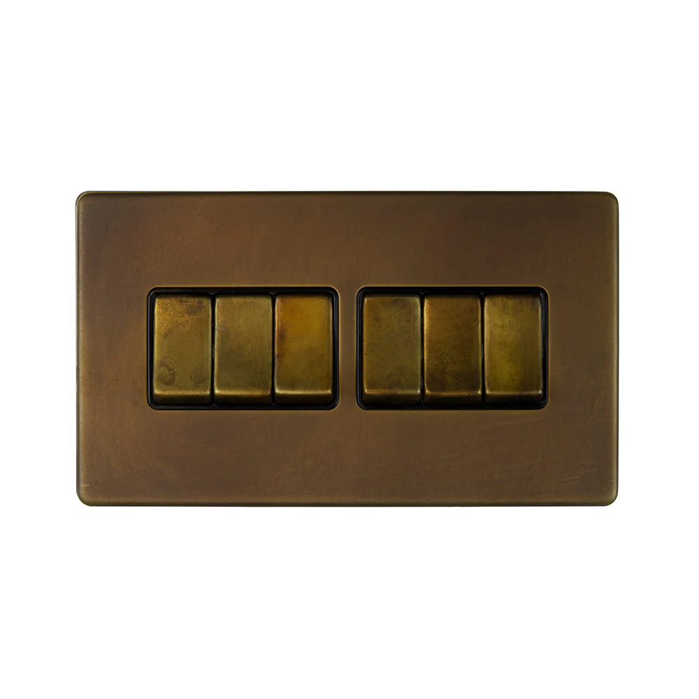 Screwless Vintage Brass 10A 6 Gang 2 Way Light Switch