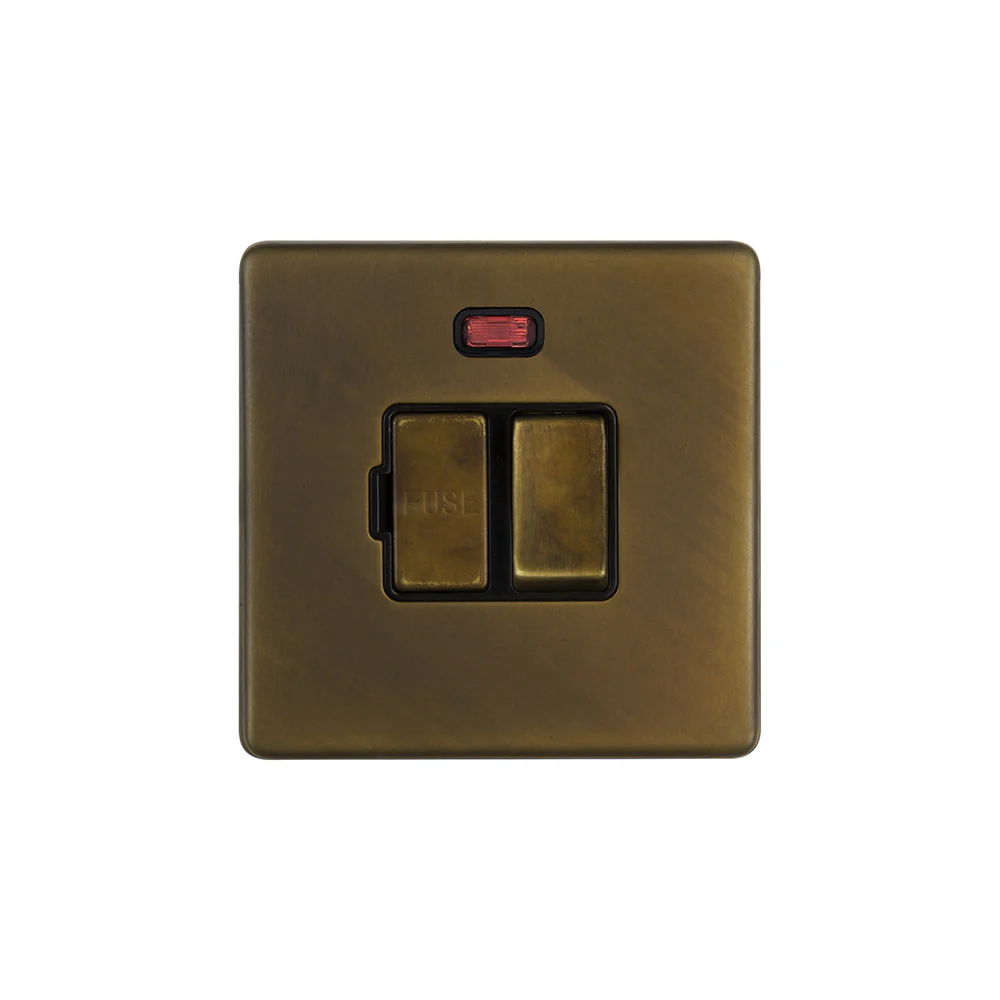 Screwless Vintage Brass 13A Double Pole Switched Fused Spur Unit (FCU) With Neon