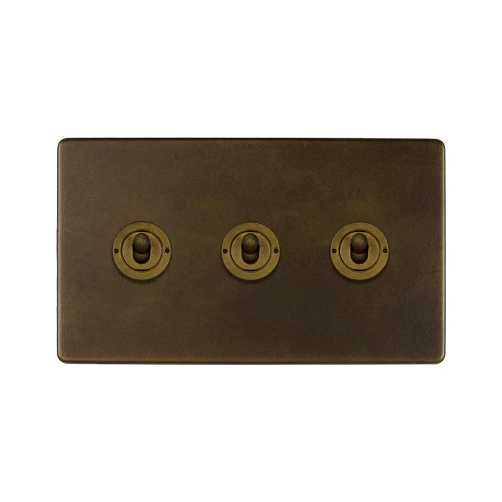 Screwless Vintage Brass 3 Gang 2 Way Toggle Light Switch