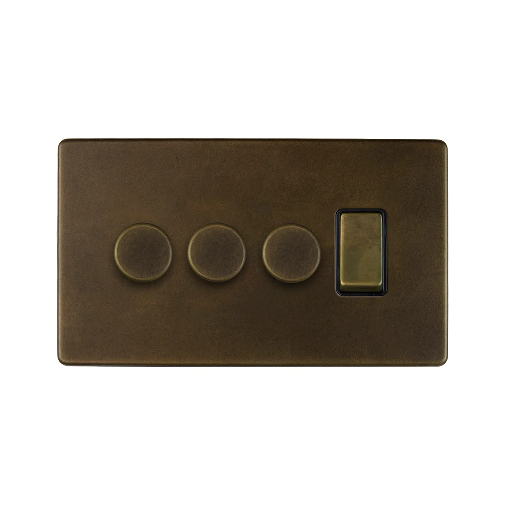Screwless Vintage Brass 4 Gang Switch with 3 Dimmers (3x150W LED Dimmer 1x20A Switch)