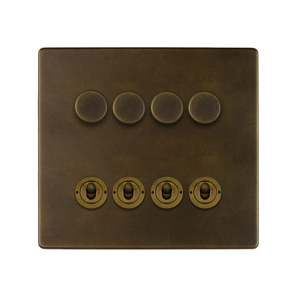 Screwless Vintage Brass 8 Gang Dimmer & Toggle Combo 4x150W LED Dimmer 4x20A Toggle