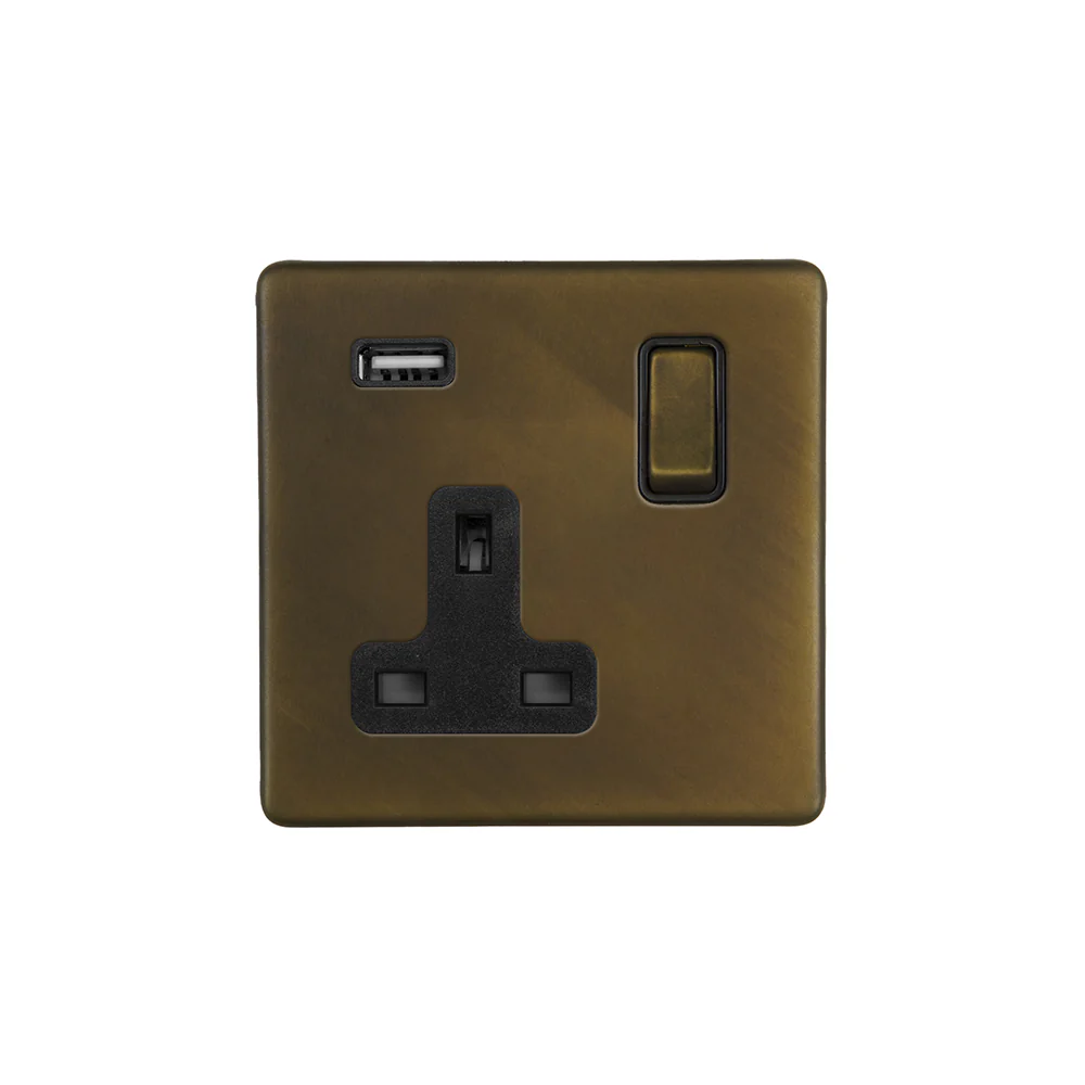 Screwless Vintage Brass Single Pole 1 Gang USB Plug Socket