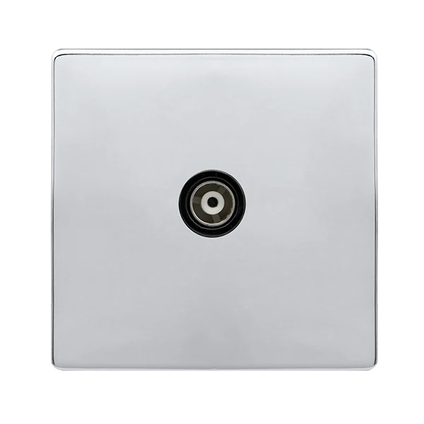 Screwless Plate Polished Chrome Single Isolated Coaxial Outlet - Black Trim