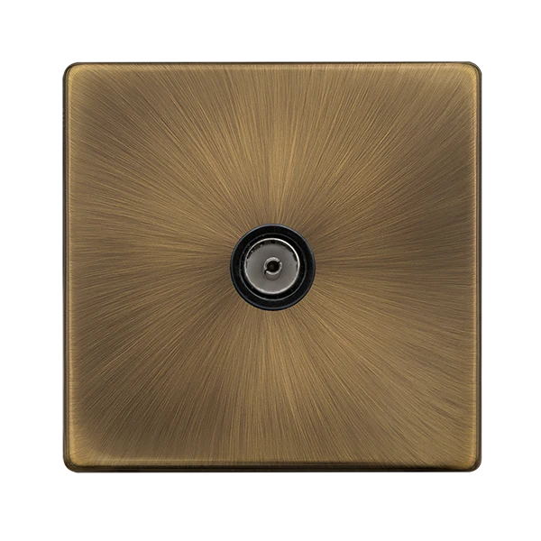Screwless Plate Antique Brass Single Non-Isolated Coaxial Outlet - Black Trim