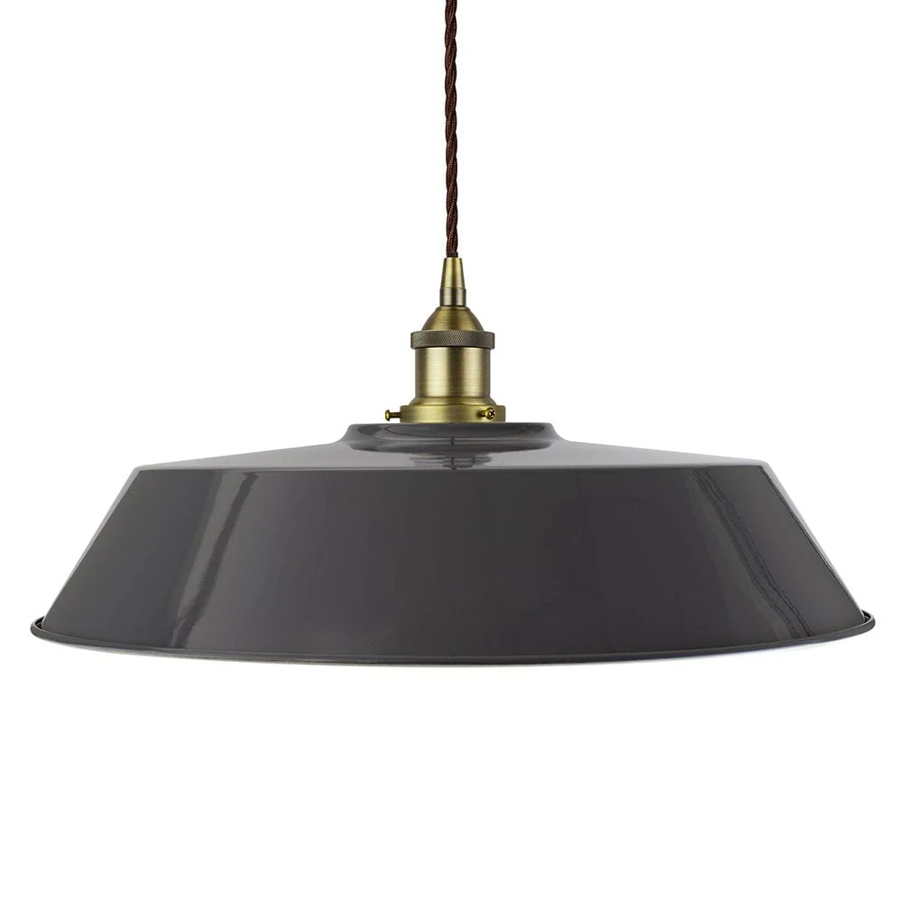 Slate Grey Large Chancery Painted Pendant Light - Matt Antique Brass Lamp Holder & Ceiling Rose