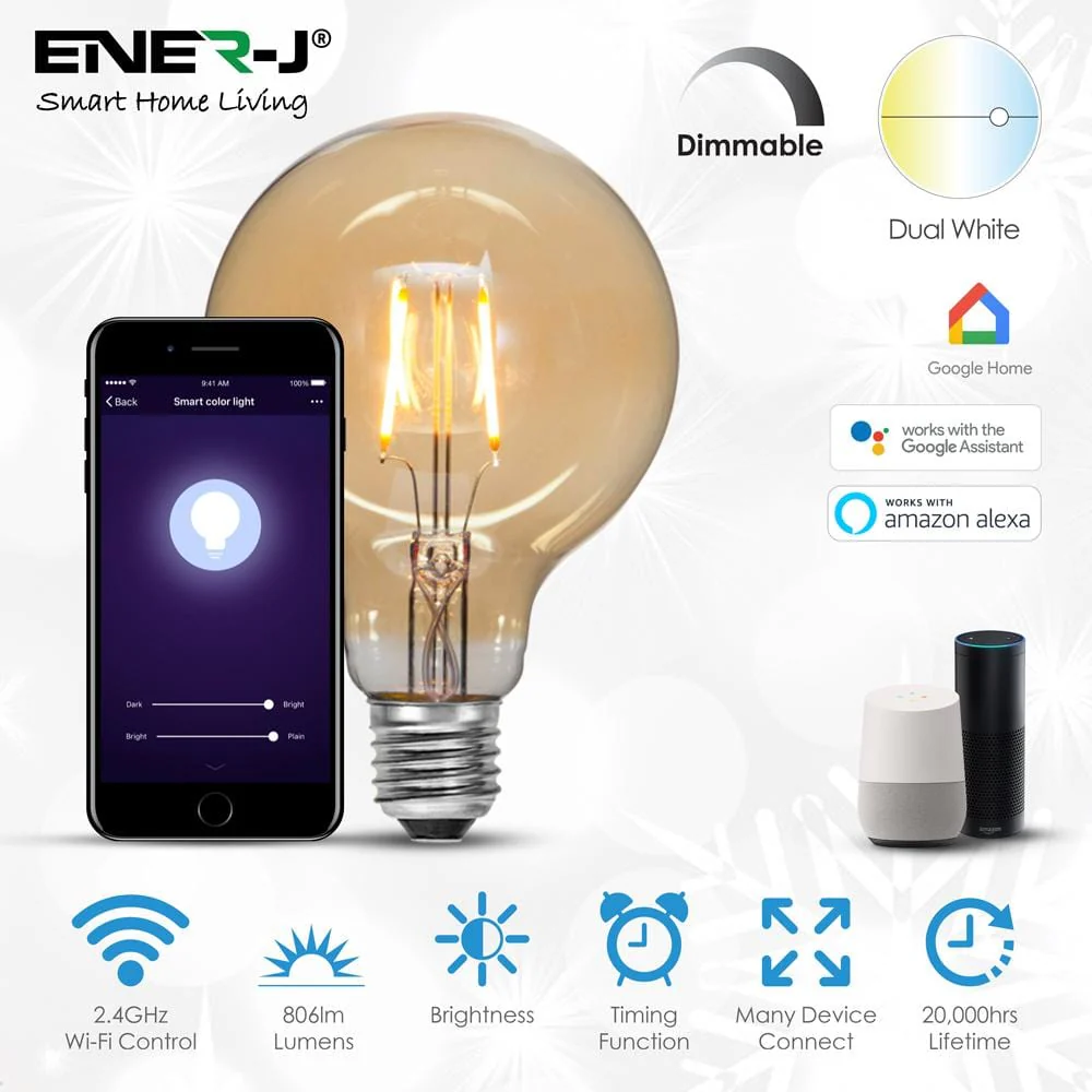 Smart WiFi Dimmable CCT G95 8.5W LED Filament Bulb 2 x Pack - Image 2